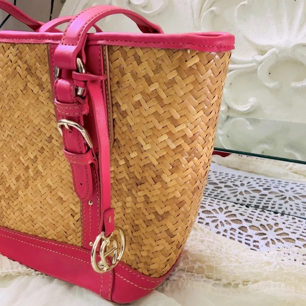 VINTAGE Etienne Aigner Rattan Straw Shoulder Bag Magenta Trim Tote - Picture 8 of 12
